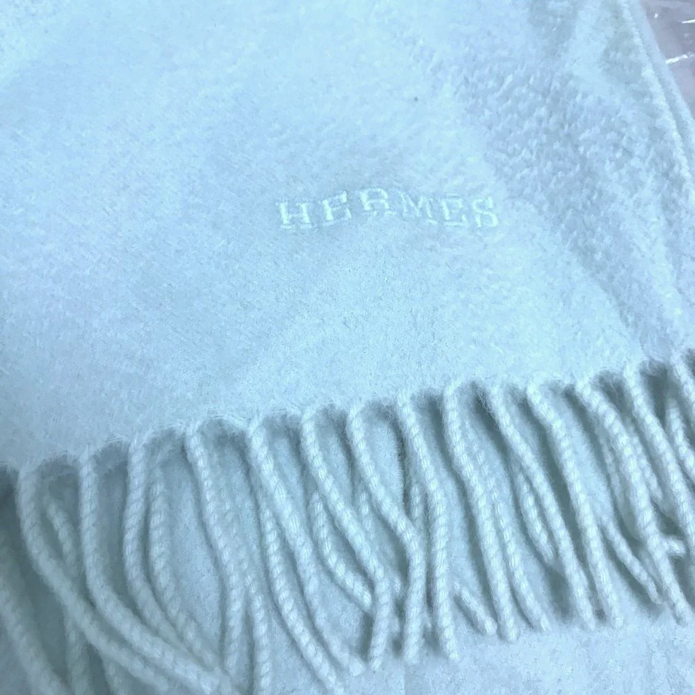 Hermes aqua blue heavyweight cashmere throw blanket shawl vintage fringed large